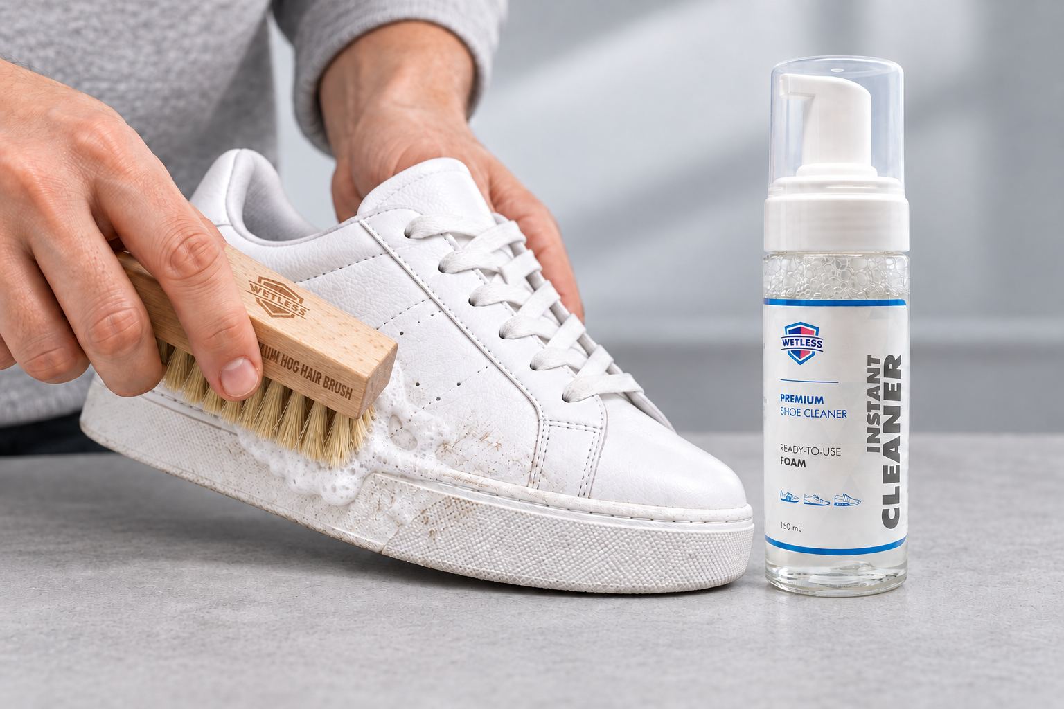 ภาพประกอบการใช้แปรงและโฟมดูแลรองเท้า ข้างขวดปั๊ม Foam Cleaner 150ML