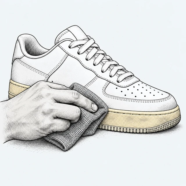 ภาพวาดใช้ผ้าเช็ดขอบพื้นรองเท้าที่มีสีเหลืองหมอง ก่อนเตรียมทาสี