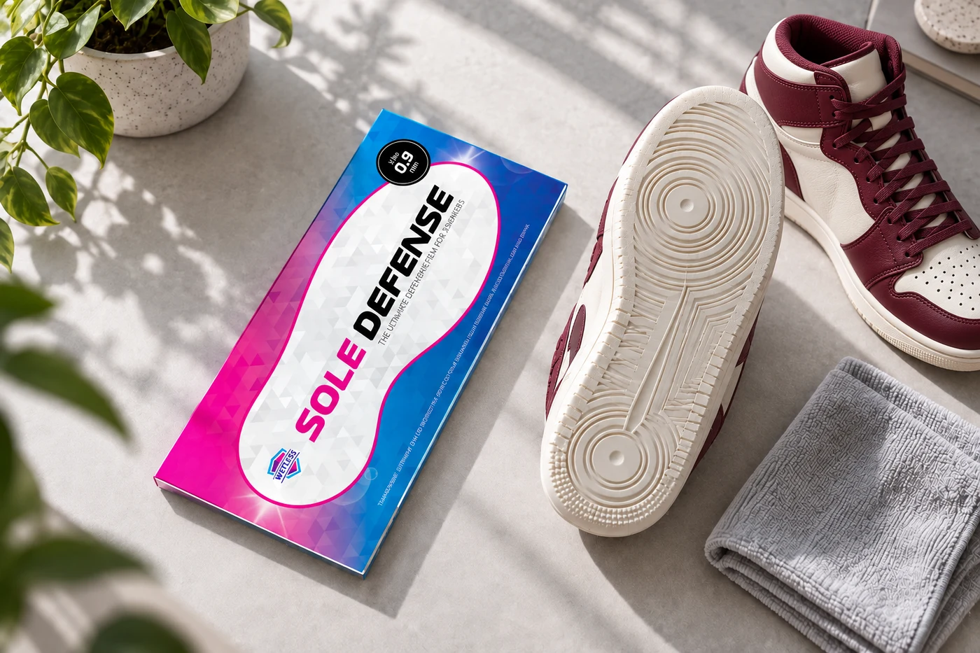 ภาพประกอบ Sole Defense กับสนีกเกอร์สีเบอร์กันดีและผ้าสำหรับเตรียมพื้นก่อนติด
